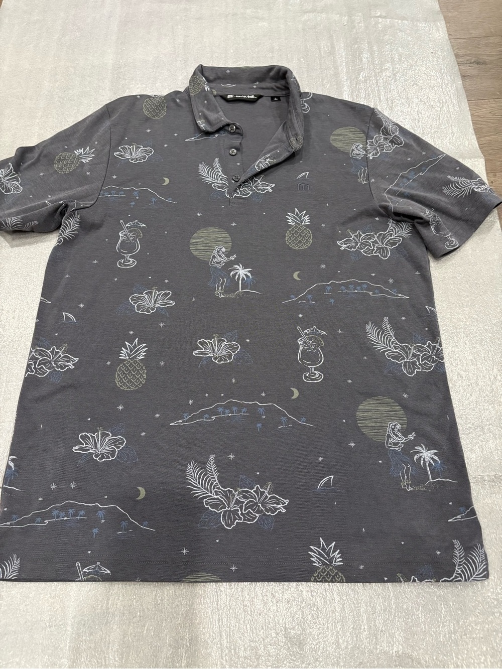 [L]Travis Matthew Men's Dark Gray Tropical Print Polo Shirt Hawaii